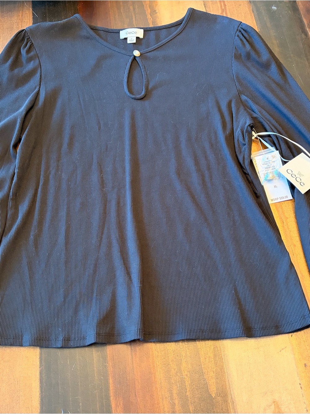 CeCe Black Ribbed Long-Sleeve Keyhole Top